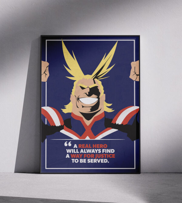 poster All Might con citazione A real hero anime