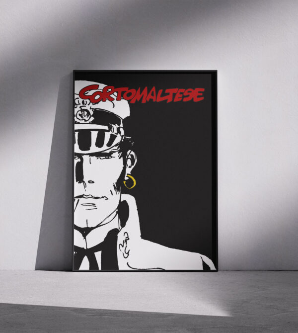 Poster Corto Maltese in bianco e nero con dettaglio del volto e cappello, stile Hugo Pratt