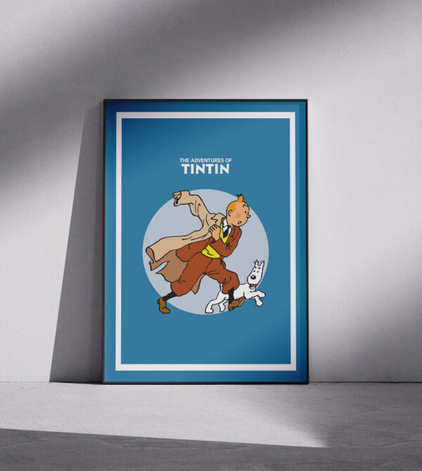 Poster Le avventure di Tintin con Tintin e Milù in corsa, stampa decorativa di ispirazione vintage